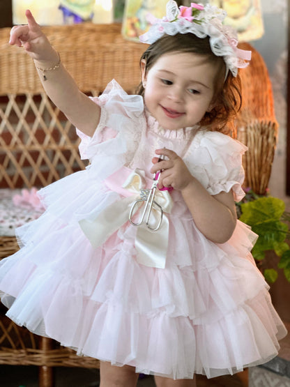 Girls Handmade Pink Overlay Ruffle Dress - (Made To Order)