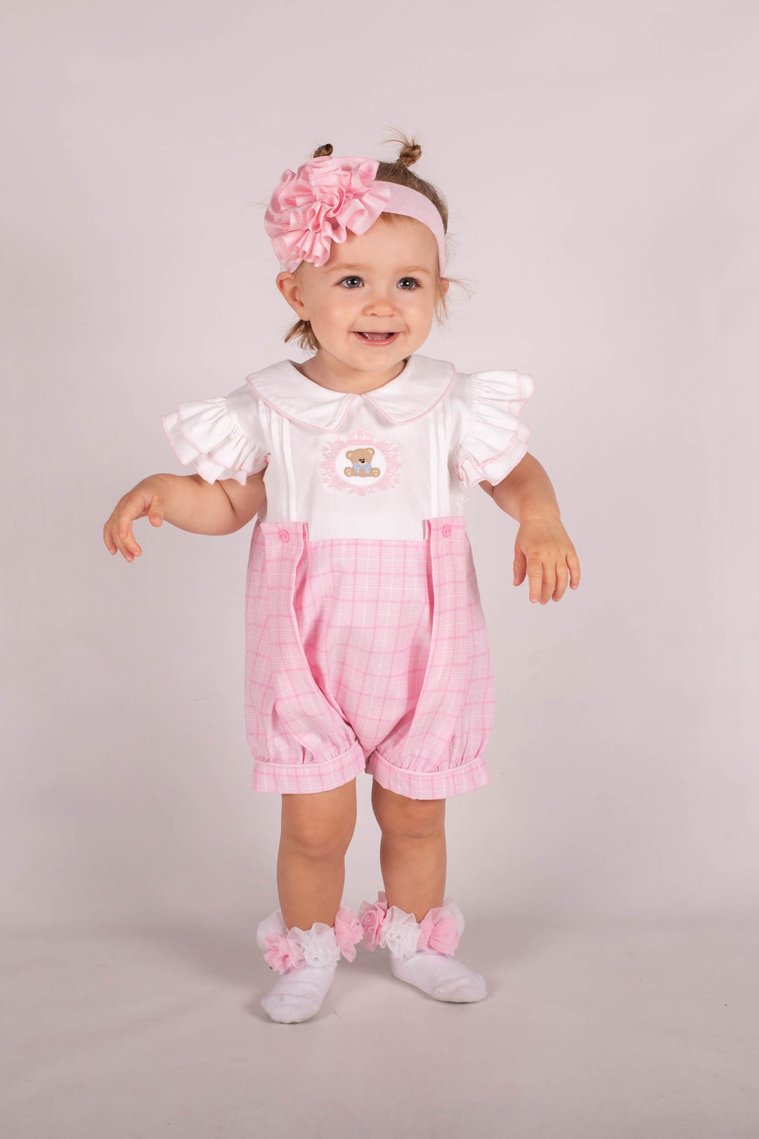 Girls Teddy Bear Checked Pink Romper