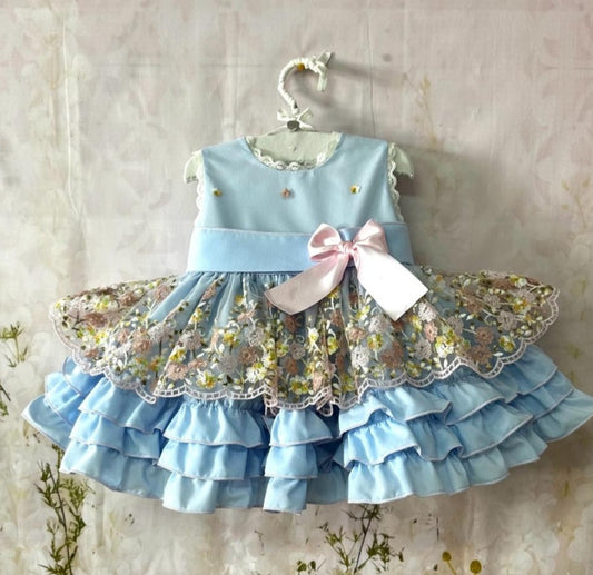 Sonata Blue Daisy Embroidered Blue Dress (Made to order)