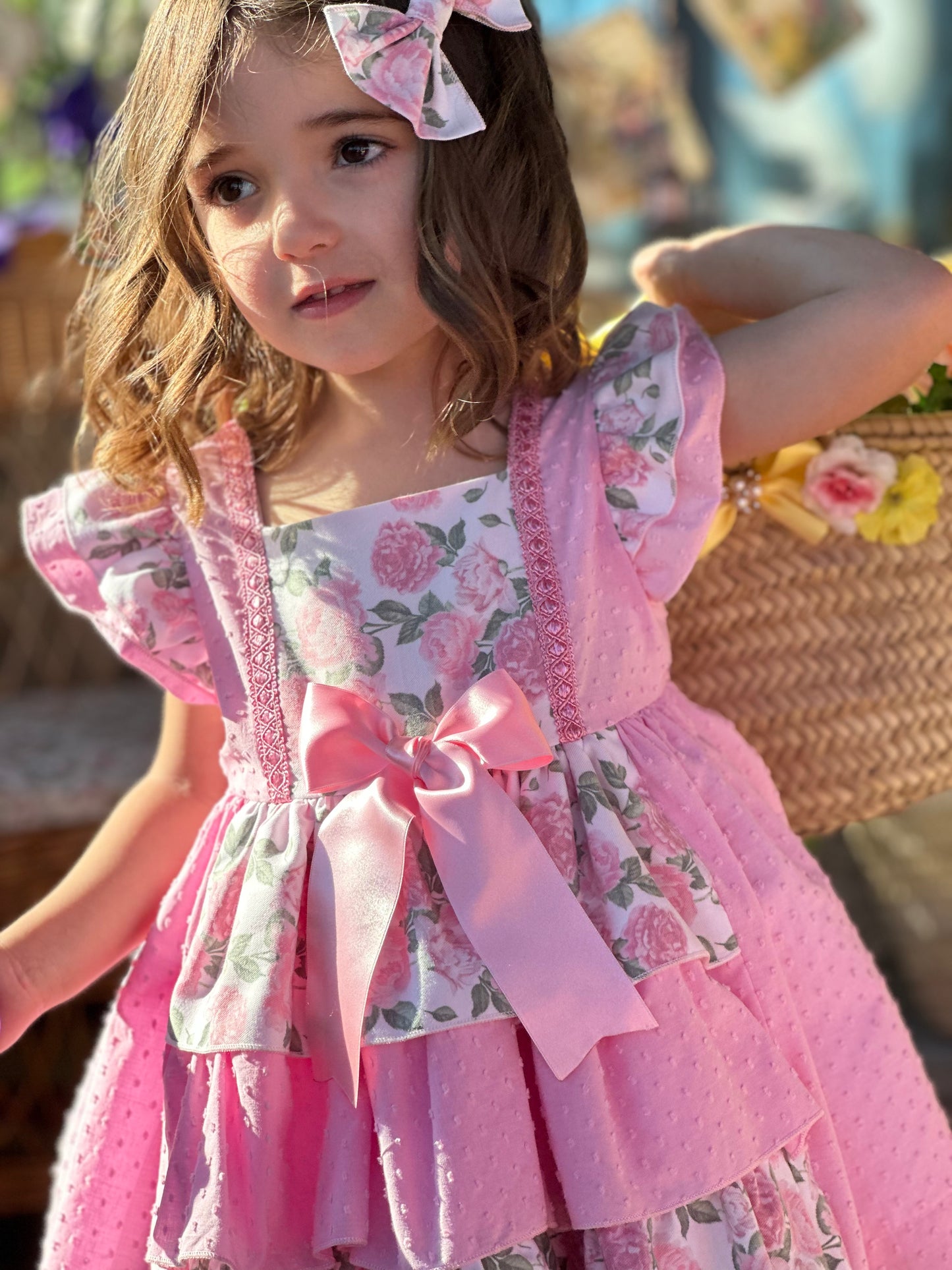 Sonata Pink Plumetti & Rose Ruffle Dress & Hair Bow - (Made To Order)