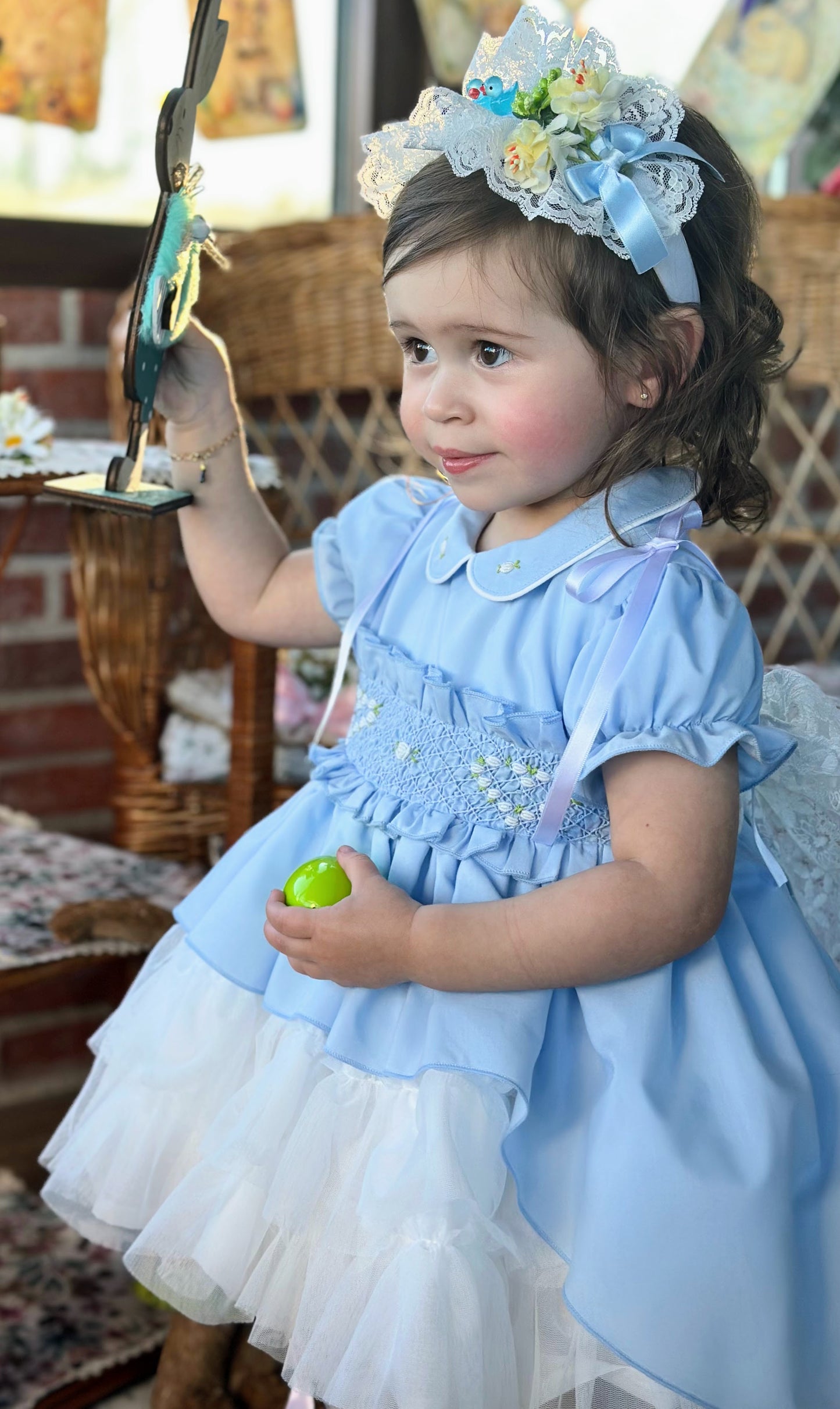 Sonata Girls Blue Hand Smocked Puffball Dress - (Made To Order)