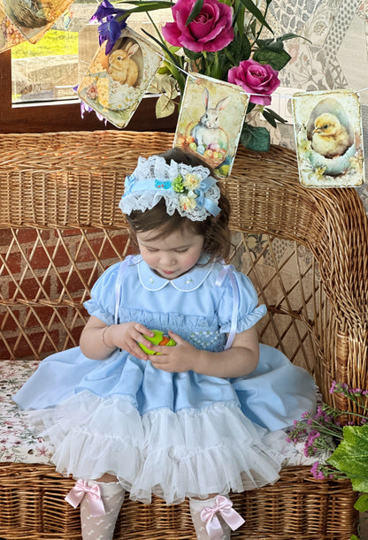 Sonata Girls Blue Hand Smocked Puffball Dress - (Made To Order)