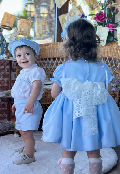 Sonata Girls Blue Hand Smocked Puffball Dress - (Made To Order)