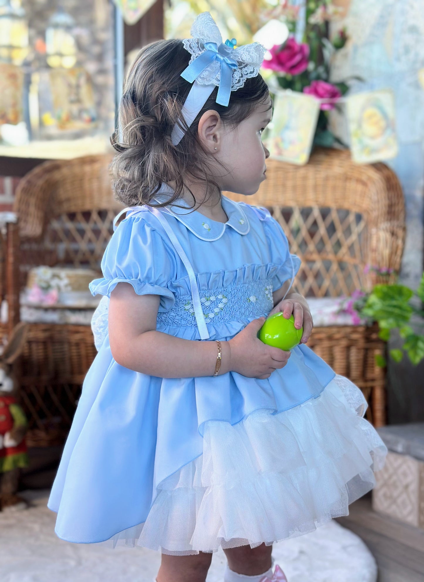 Sonata Girls Blue Hand Smocked Puffball Dress - (Made To Order)