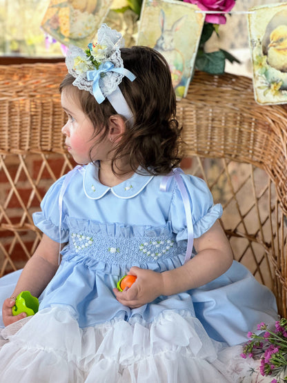 Sonata Girls Blue Hand Smocked Puffball Dress - (Made To Order)