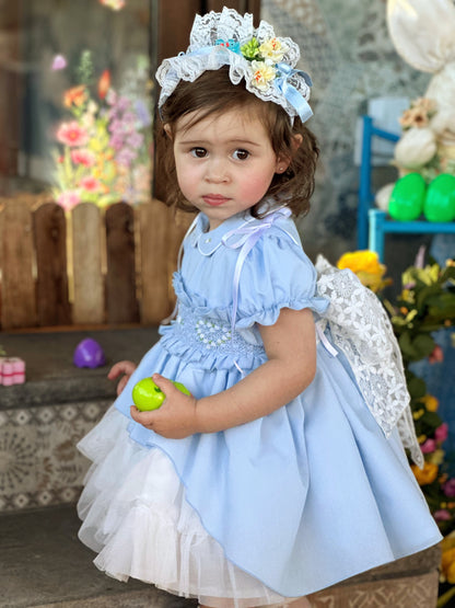 Sonata Girls Blue Hand Smocked Puffball Dress - (Made To Order)