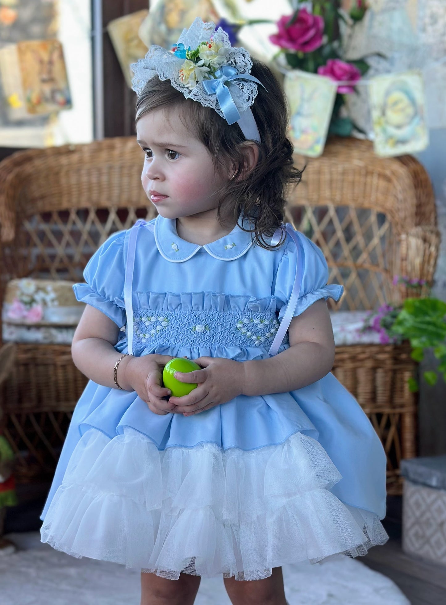 Sonata Girls Blue Hand Smocked Puffball Dress - (Made To Order)