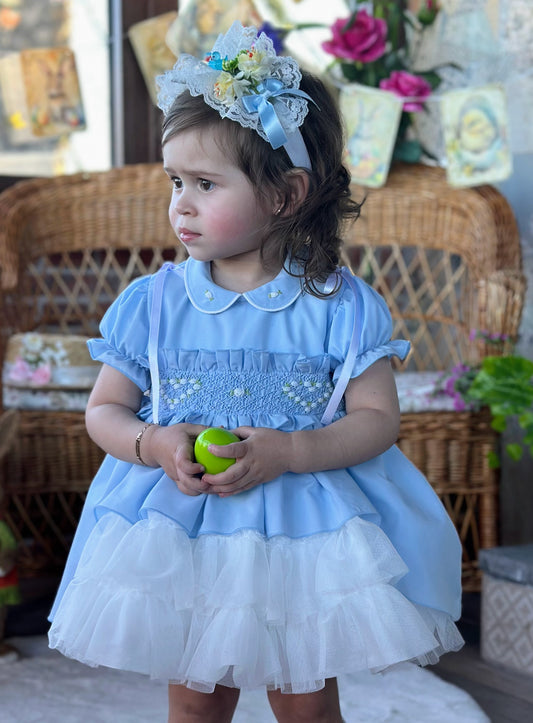 Sonata Girls Blue Hand Smocked Puffball Dress - (Made To Order)