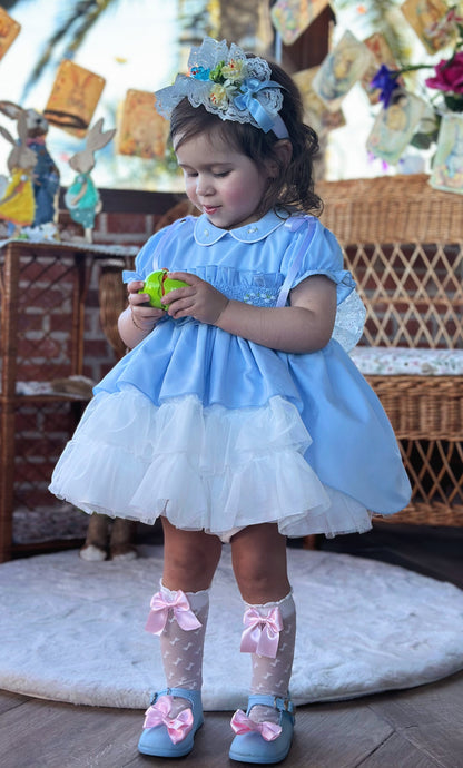 Sonata Girls Blue Hand Smocked Puffball Dress - (Made To Order)