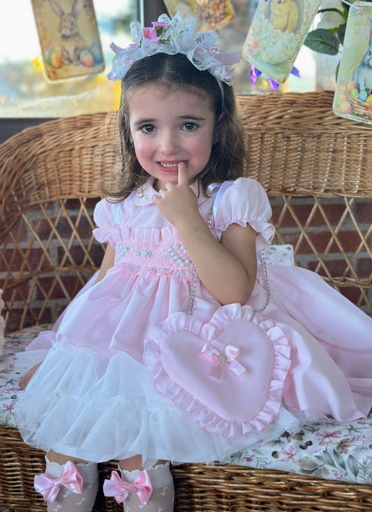 Sonata Girls Pink Hand Smocked Heart Puffball Dress - (Made To Order)