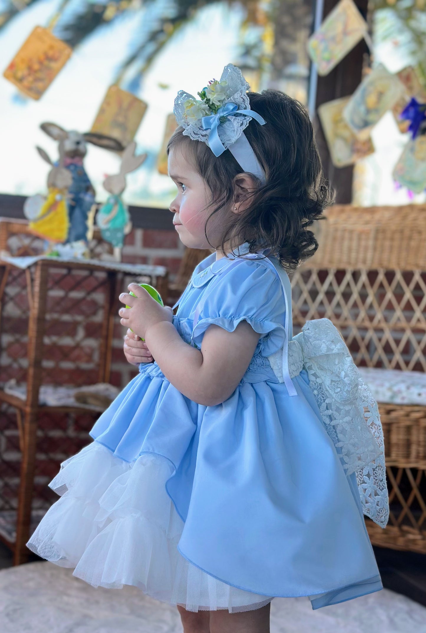 Sonata Girls Blue Hand Smocked Puffball Dress - (Made To Order)