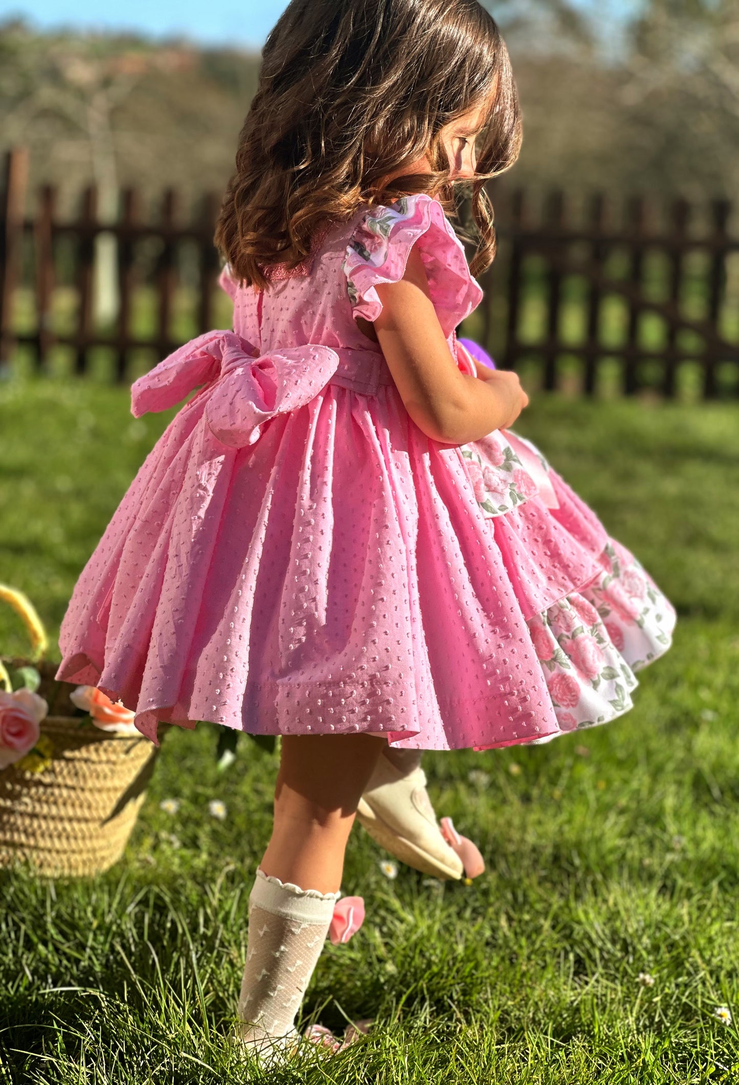 Sonata Pink Plumetti & Rose Ruffle Dress & Hair Bow - (Made To Order)