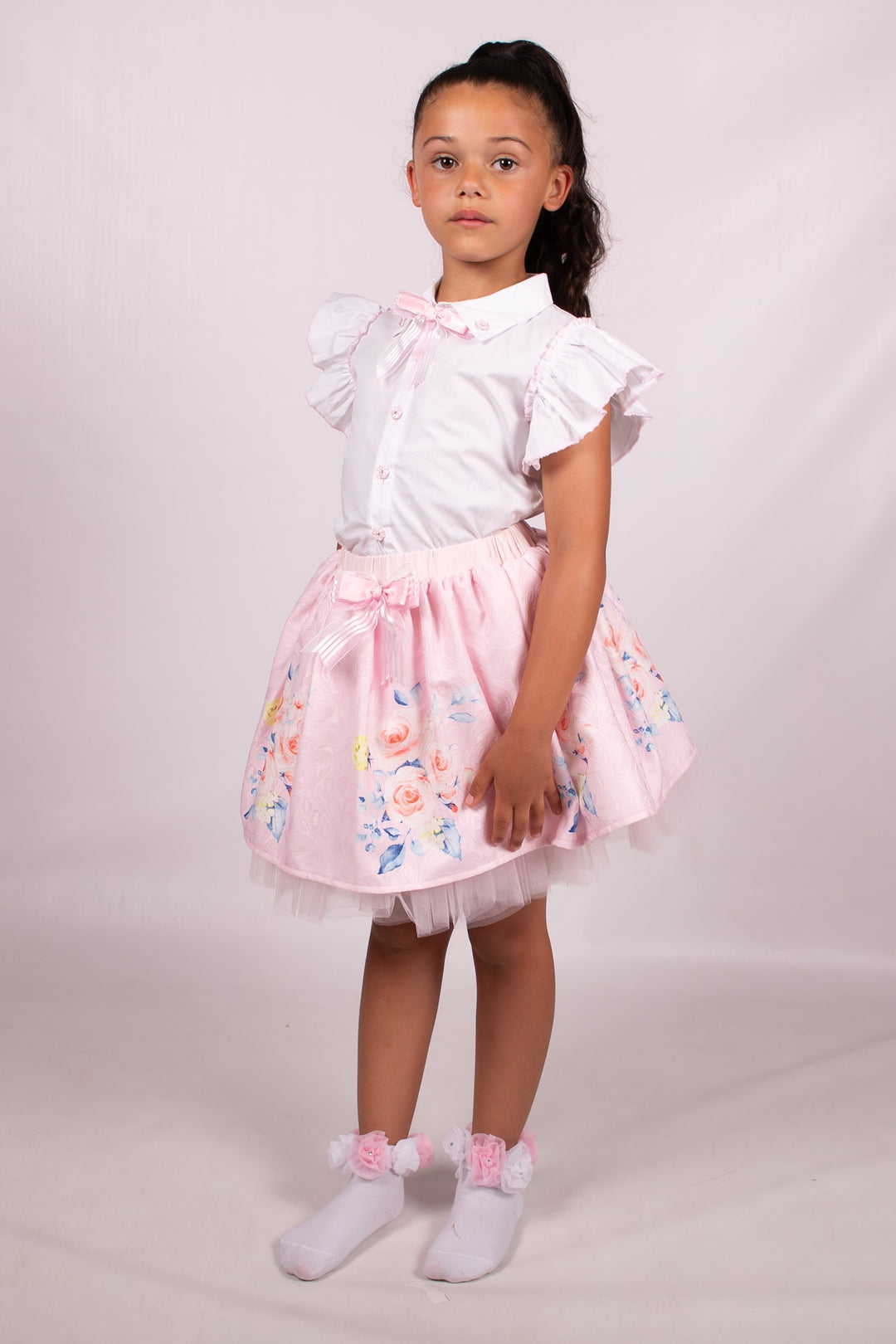 Girls White Blouse & Floral Tulle Layered Skirt Set