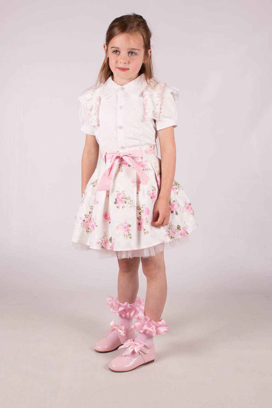 Girls White Blouse & Tulle Layered Skirt Set