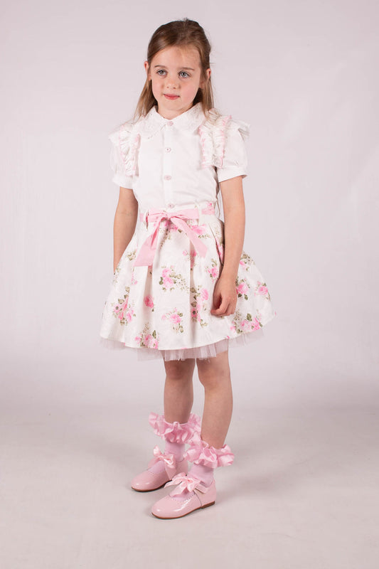 Girls White Blouse & Tulle Layered Skirt Set