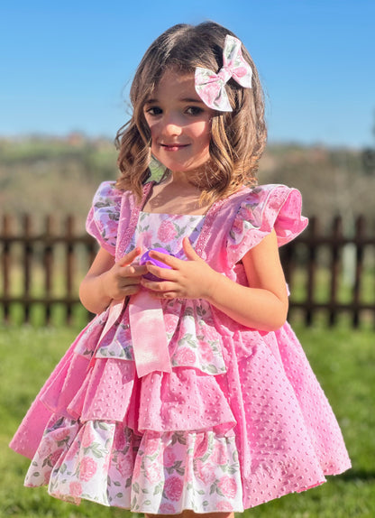 Sonata Pink Plumetti & Rose Ruffle Dress & Hair Bow - (Made To Order)