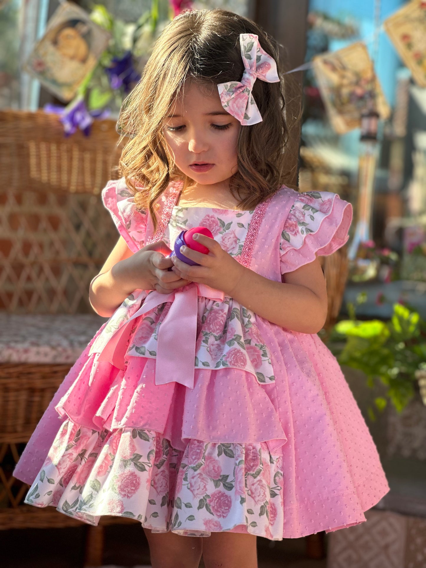 Sonata Pink Plumetti & Rose Ruffle Dress & Hair Bow - (Made To Order)