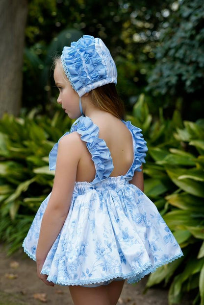 Ela Confeccion SS25 Girls Blue Floral Print Angele Pinny Puffball Dress & Knickers Set - (Made to order)