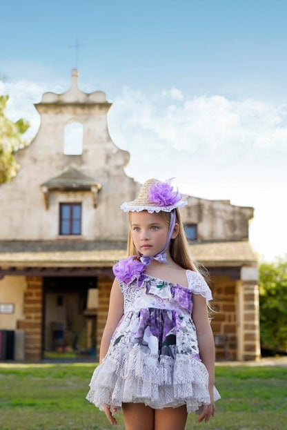 Ela Confeccion SS25 Girls Purple Floral Handmade Puffball Dress & Knickers Set - (Made to order)