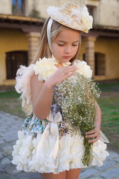 Ela Confeccion SS25 Girls Blanca Handmade Feather Puffball Dress & Knickers Set - (Made to order)