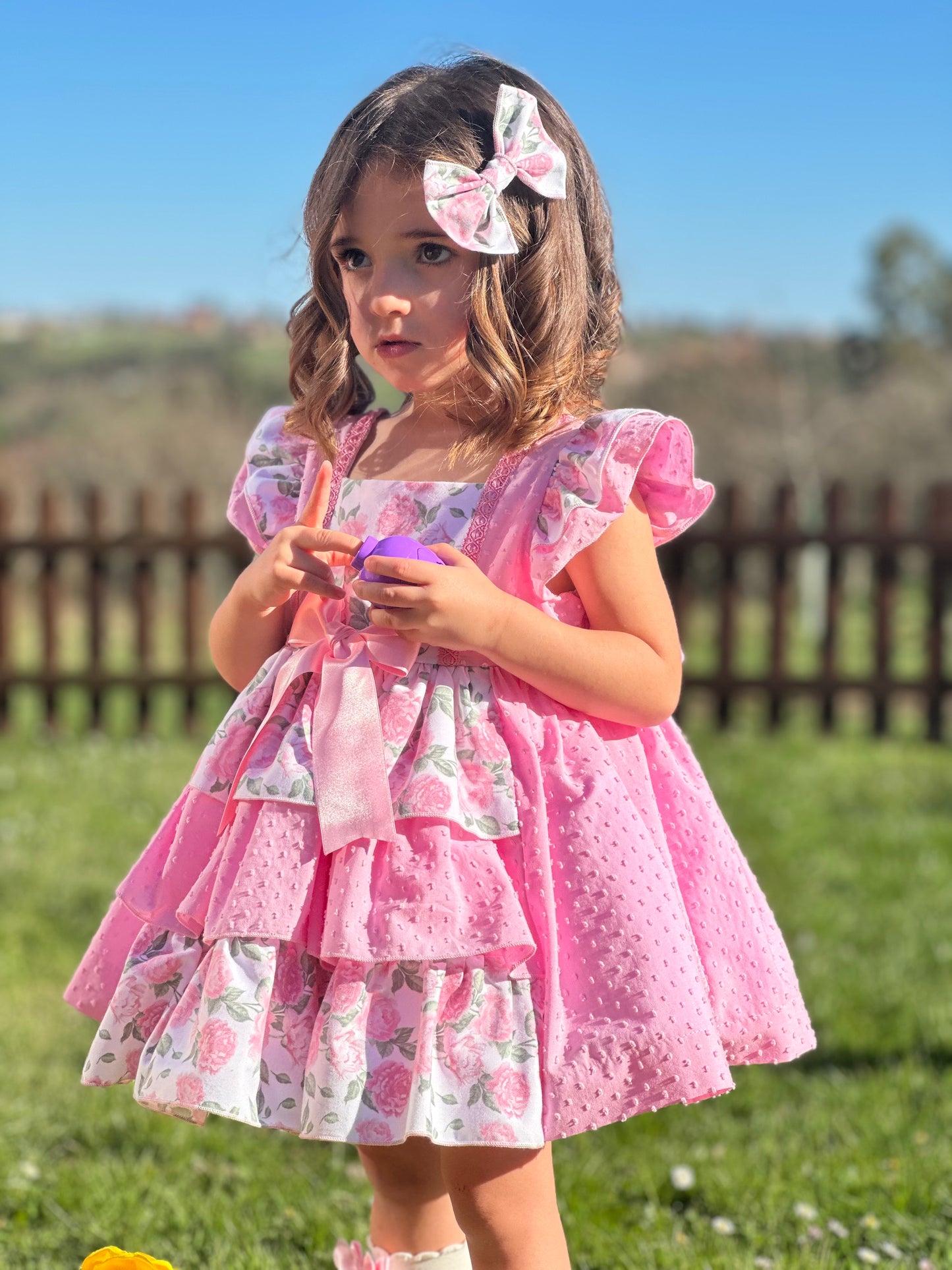 Sonata Pink Plumetti & Rose Ruffle Dress & Hair Bow - (Made To Order)