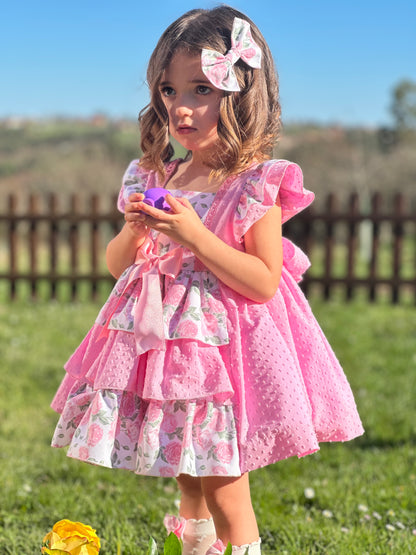 Sonata Pink Plumetti & Rose Ruffle Dress & Hair Bow - (Made To Order)