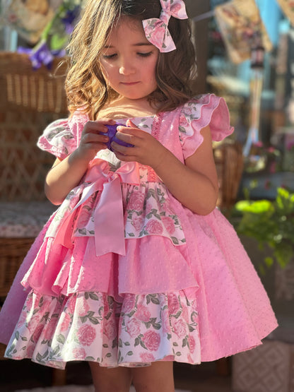 Sonata Pink Plumetti & Rose Ruffle Dress & Hair Bow - (Made To Order)