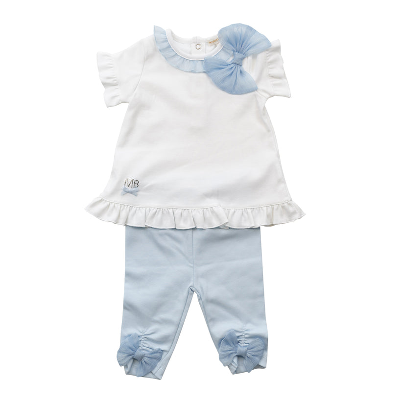 Girls White/Blue Tunic Top & Leggings Set