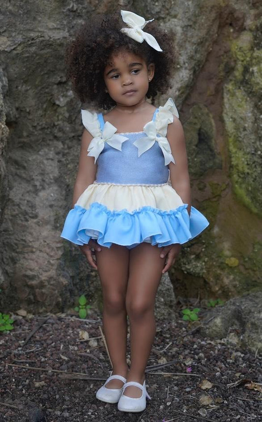 Ela Confeccion SS25 Girls Blue & Cream Half Knit Dress, Knickers & Hairpiece - (Made to order)