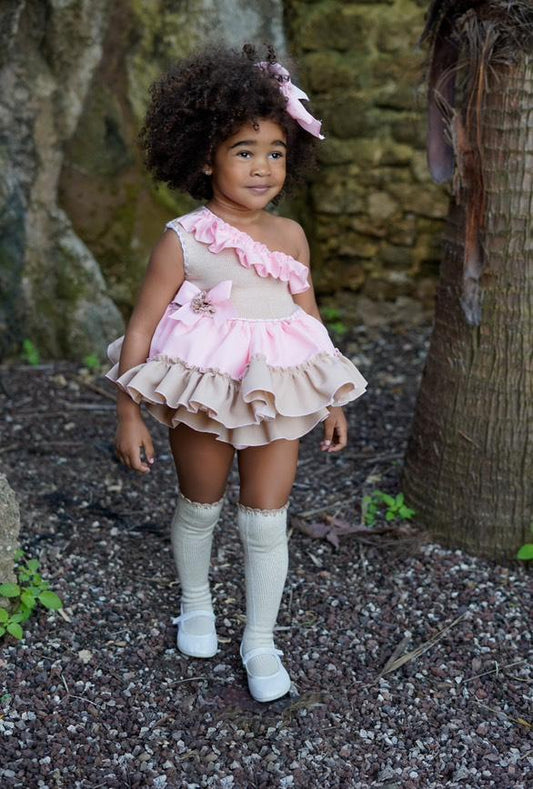 Ela Confeccion SS25 Girls Camel & Pink Dress, Knickers & Hair Bow - (Made to order)