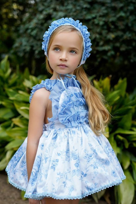 Ela Confeccion SS25 Girls Blue Floral Print Angele Pinny Puffball Dress & Knickers Set - (Made to order)