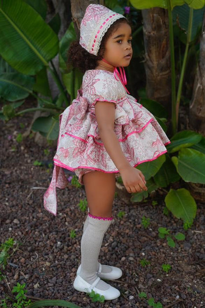 Ela Confeccion SS25 Girls Pink Floral Print Puffball Dress & Knickers Set - (Made to order)