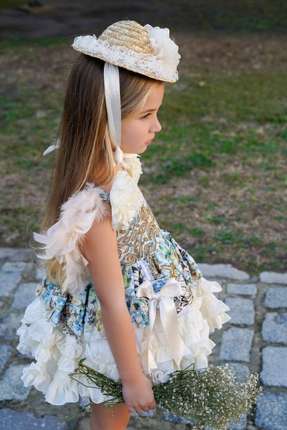 Ela Confeccion SS25 Girls Blanca Handmade Feather Puffball Dress & Knickers Set - (Made to order)