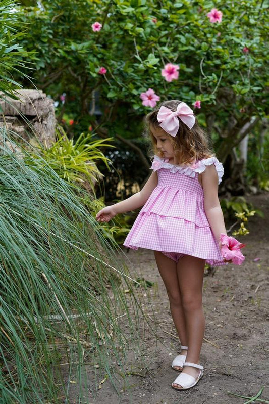 Ela Confeccion SS25 Girls Pink & White Gingham Print Dress, Knickers & Hairpiece - (Made to order)