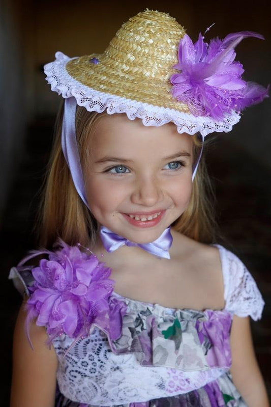 Ela Confeccion SS25 Girls Purple Flower Handmade Straw Hat - (Made to order)