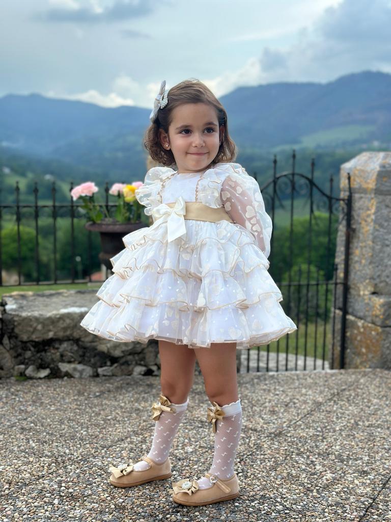 Sonata Hearts Cream And Gold Ruffle Dress - (Made To order)