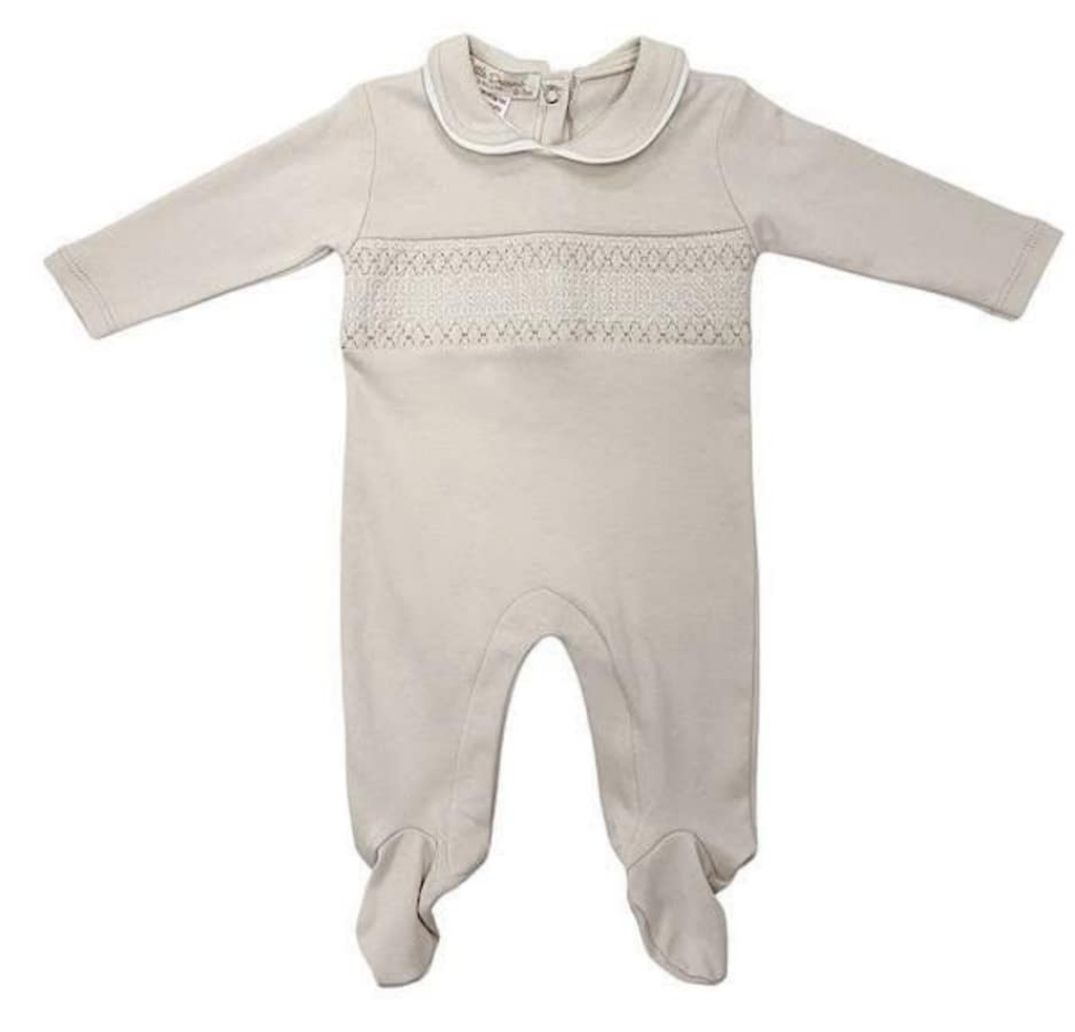 Baby Boys Smocked All In One Babygrow - Beige