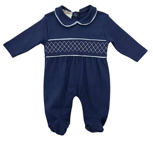 Baby Boys Smocked All In One Babygrow - Navy