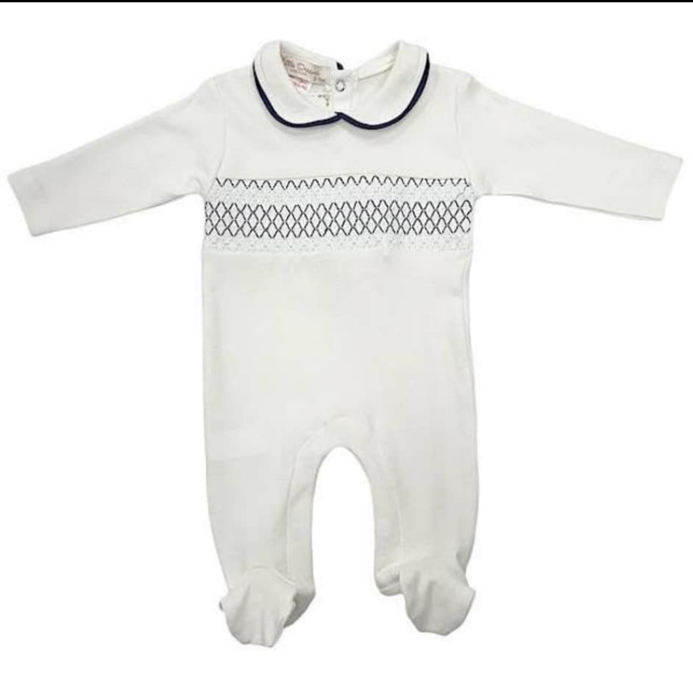 Baby Boys Smocked All In One Babygrow - Beige