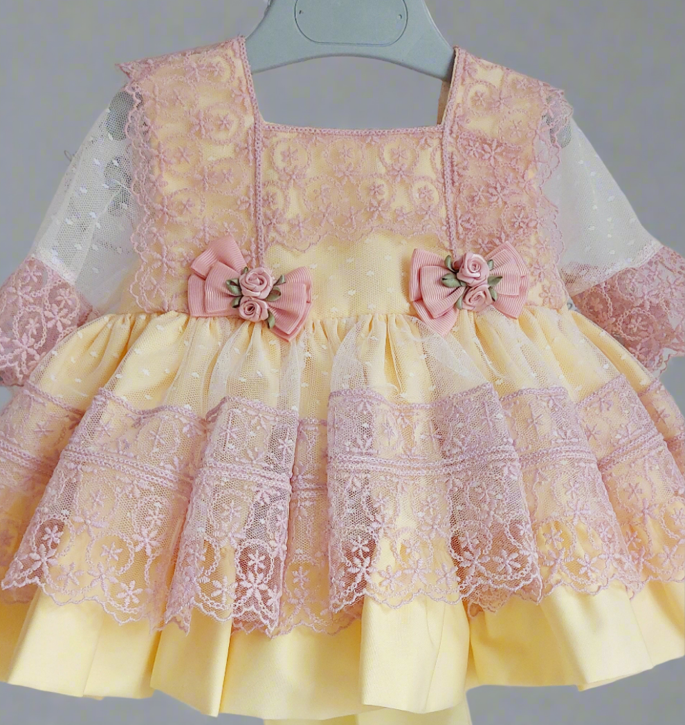 Yellow & Pink Lace Overlay Puffball Dress - (Made To Order)