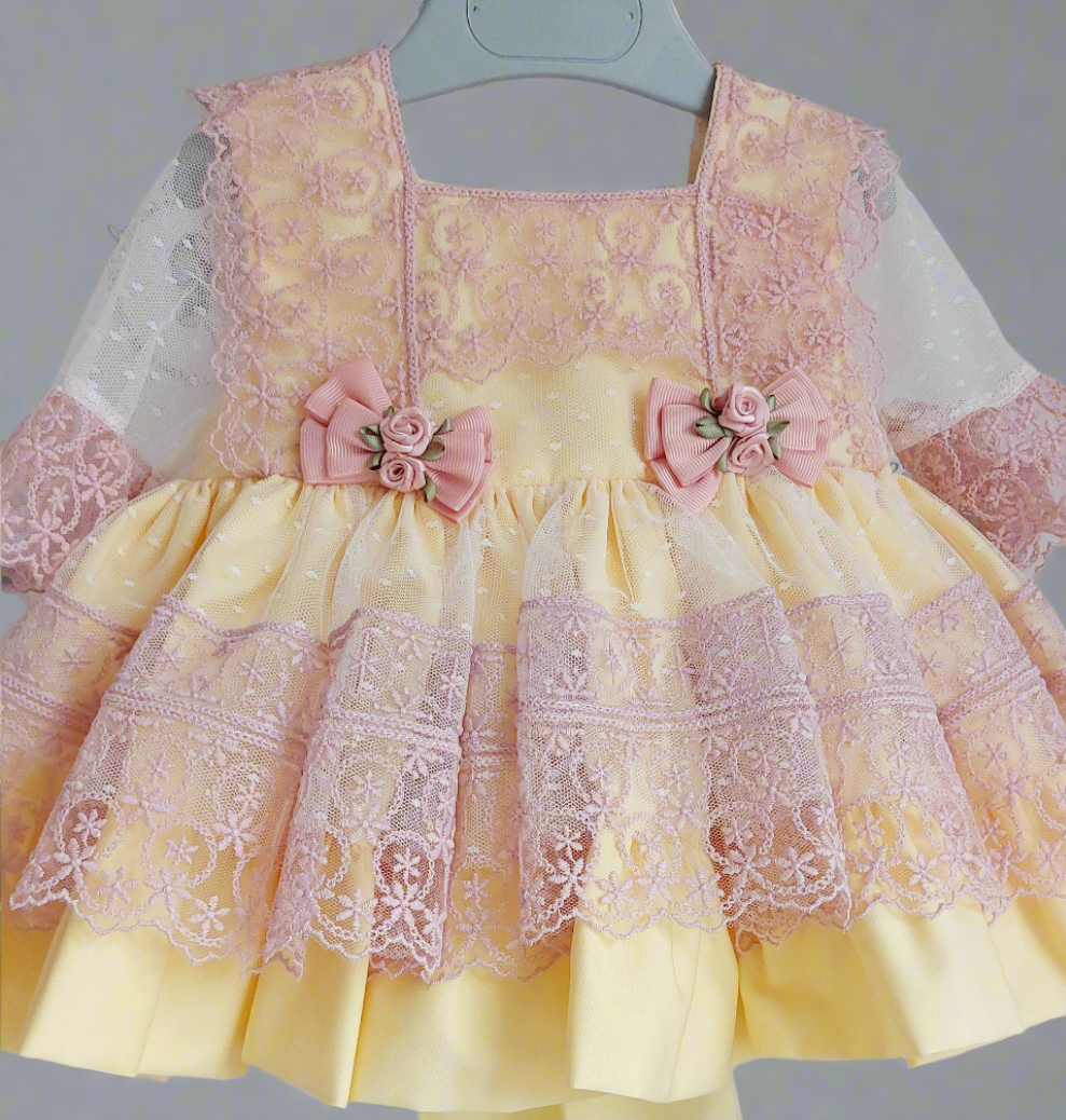 Yellow & Pink Lace Overlay Puffball Dress - (Made To Order)