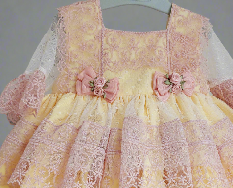 Yellow & Pink Lace Overlay Puffball Dress - (Made To Order)