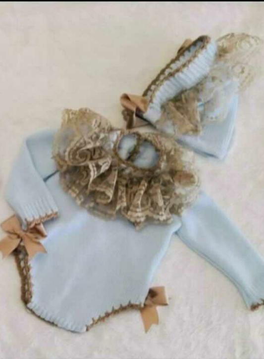 Ela Confeccion Blue & Camel Hand Knitted Frill Neck Romper & Bonnet Set - (Made To Order)