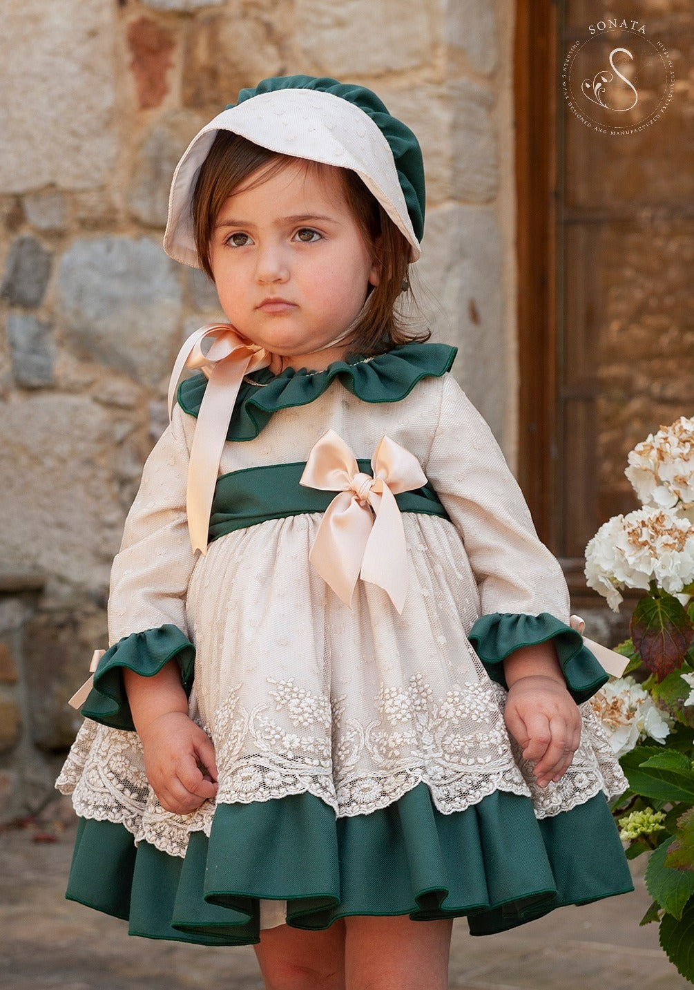 Sonata Girls Embroidered Green and Cream Dress (In Stock 18months)