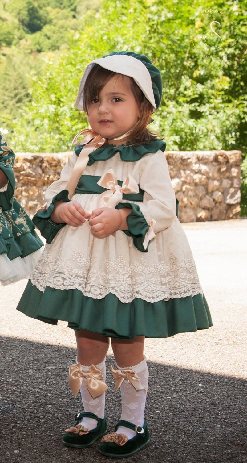 Sonata Girls Embroidered Green and Cream Dress (In Stock 18months)