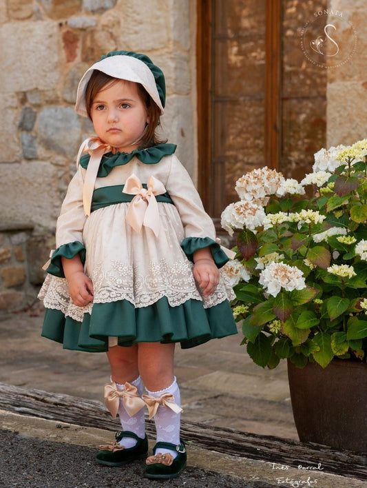 Sonata Girls Embroidered Green and Cream Dress (In Stock 18months)