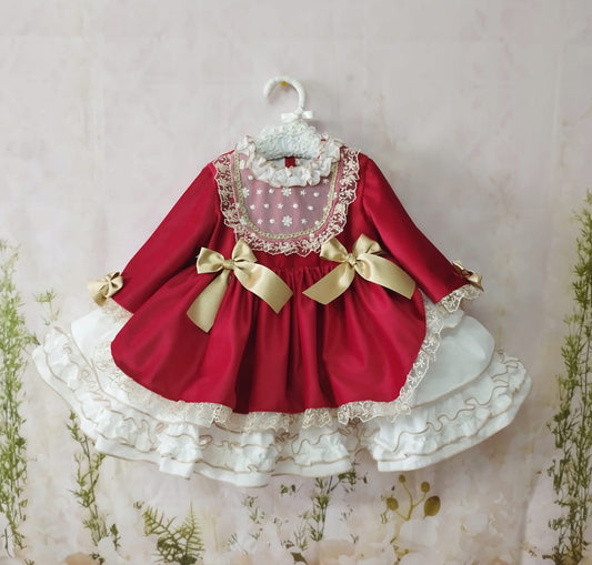 Sonata Red & Gold Velvet Puffball Dress (Made to order)