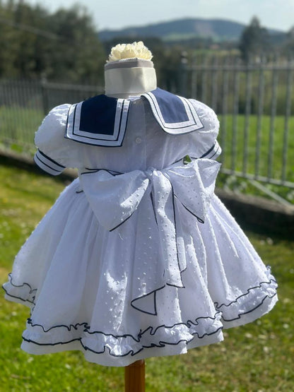 Girls Plumetti White & Navy Puffball Dress (Made to order)