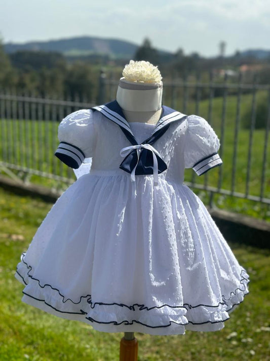 Girls Plumetti White & Navy Puffball Dress (Made to order)