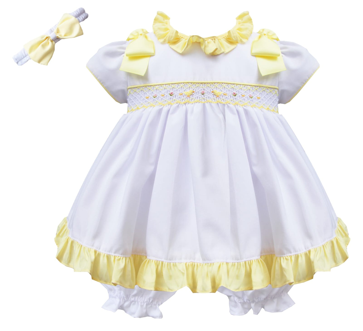 Girls White and Yellow Hand Smocked Dress Set